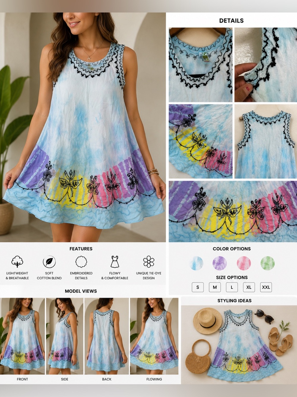 Island Company Light Blue Tie-Dye Butterfly Sundress with Pastel Accents